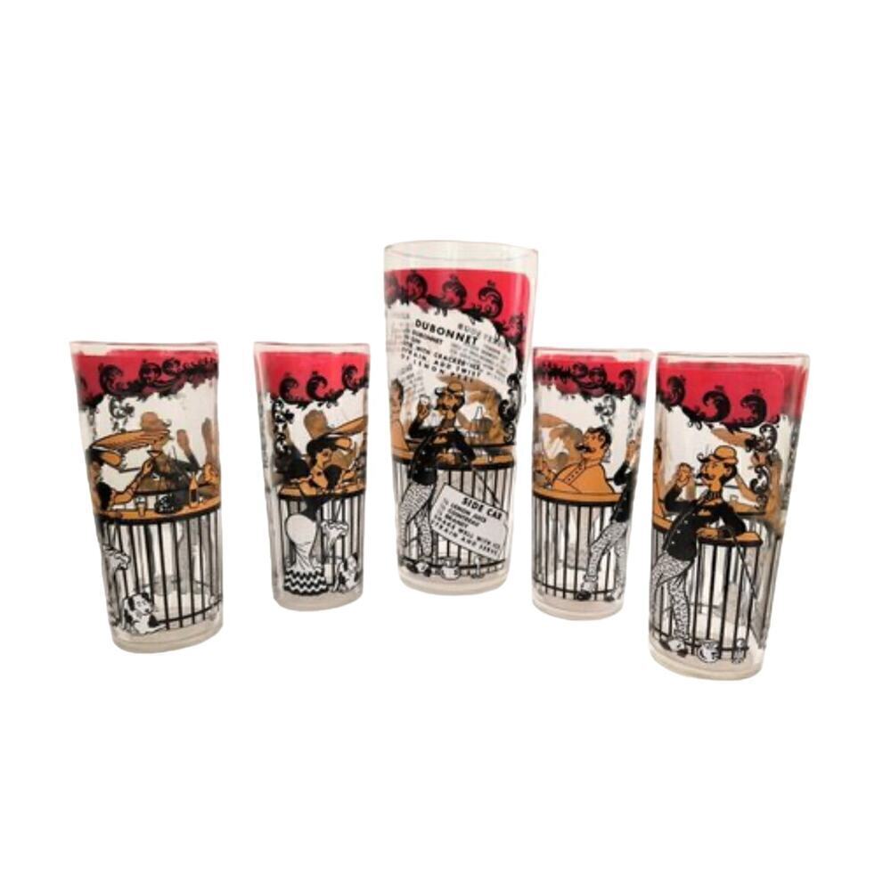 5-Piece 1950s Hazel Atlas Whimsy Moulin Rouge Funky Barware MCM Cocktail Set